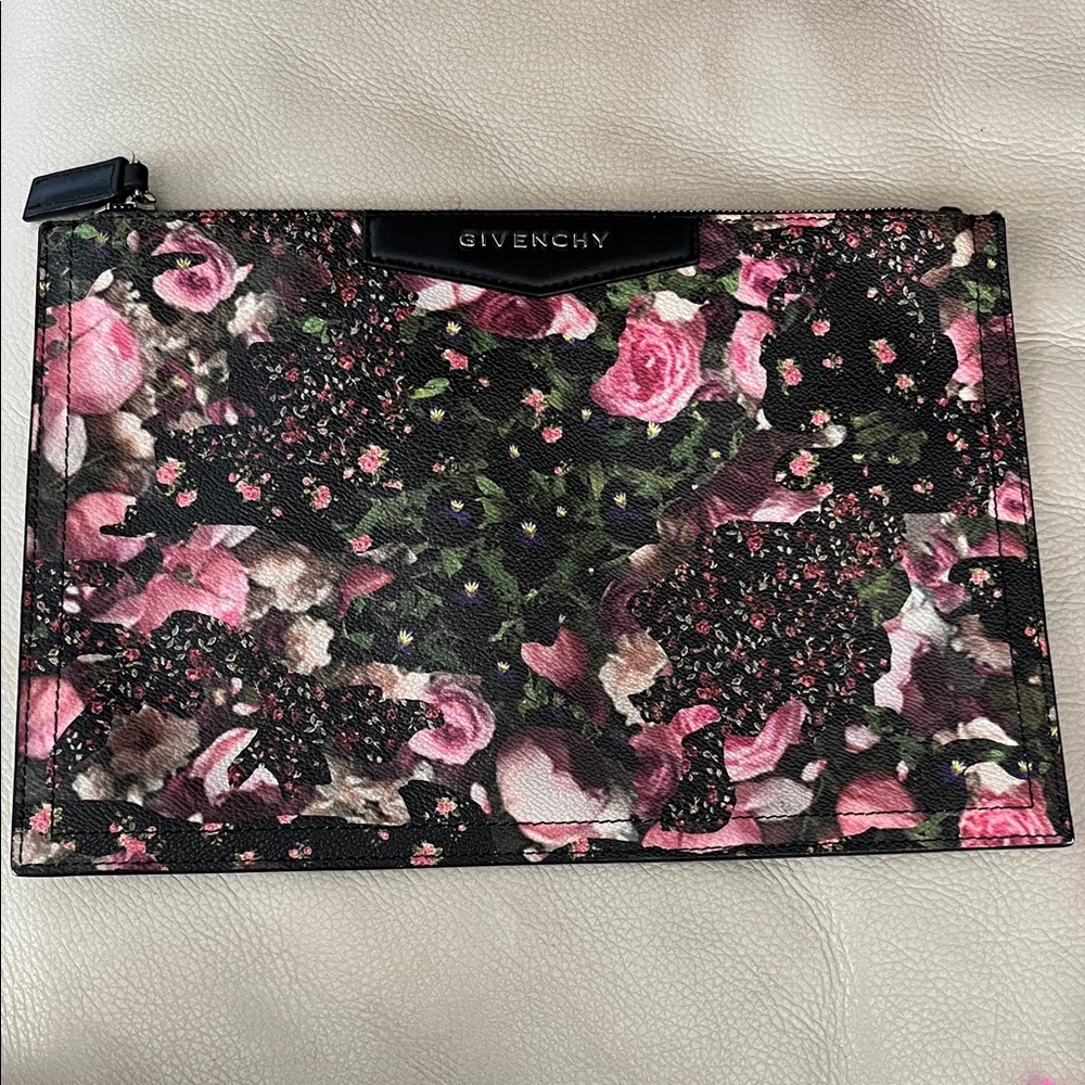 Givenchy Black Floral Zip Pouch/Clutch with Pink Roses